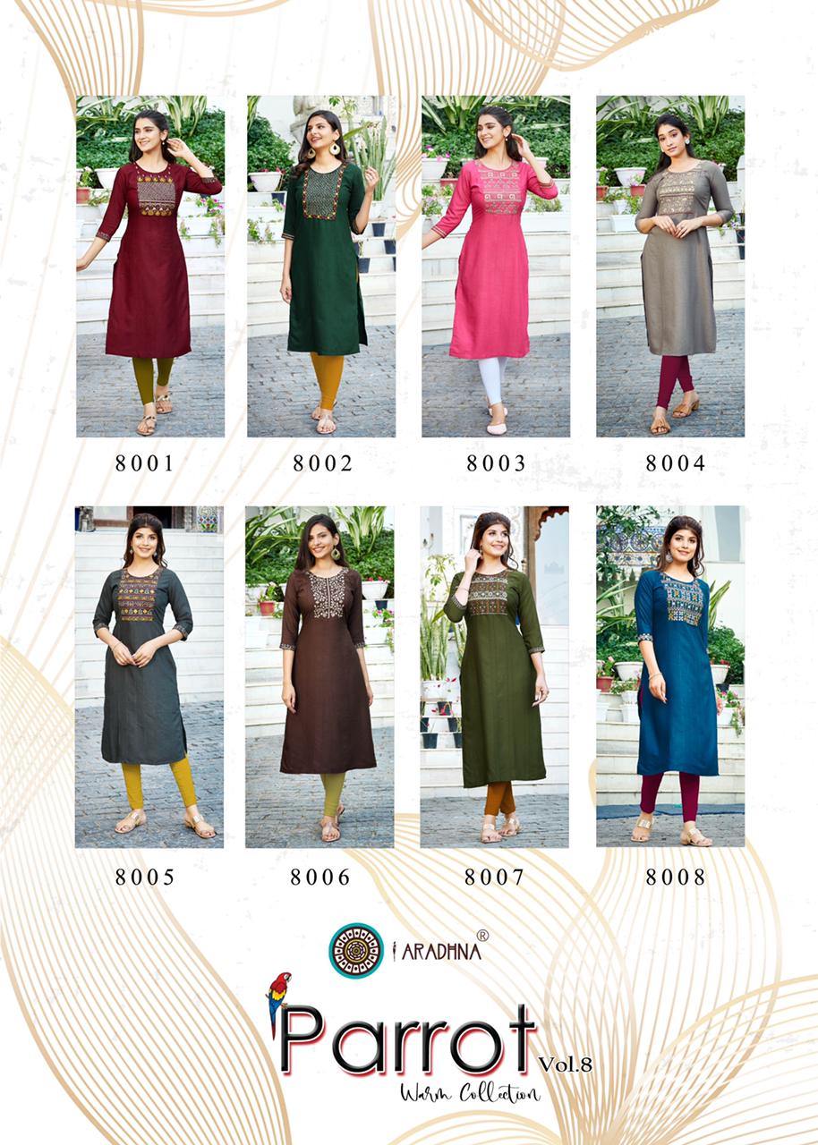 Aradhna Parrot 8 Designer Party Wear Heavy rayon Embroidery Kurti Collection